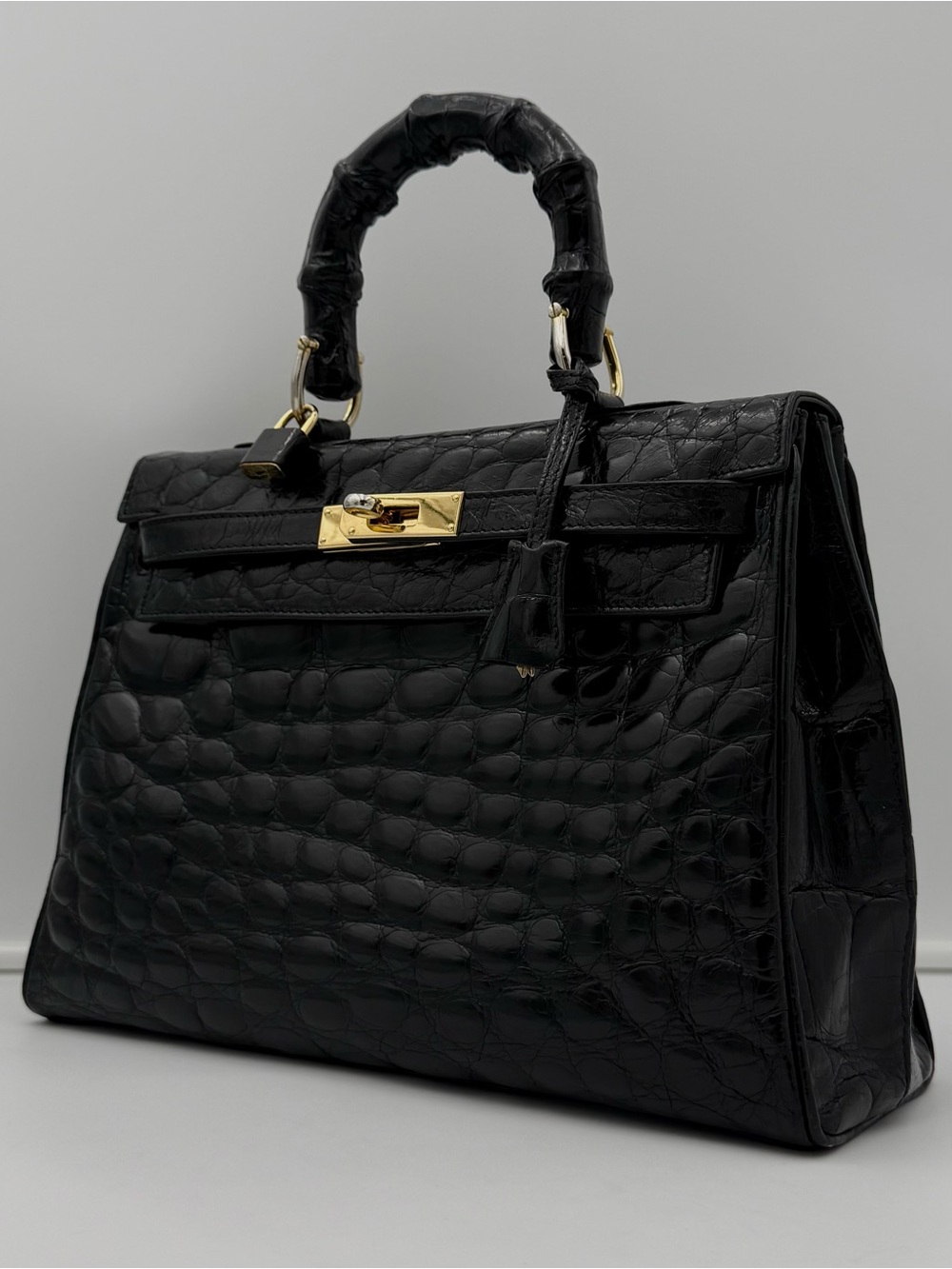 🐊COLOMBO 1937 MILANO • Black Exotic CROCODILE 32 Top-Handle Bag • Made in ITALY - Picture 2 of 16